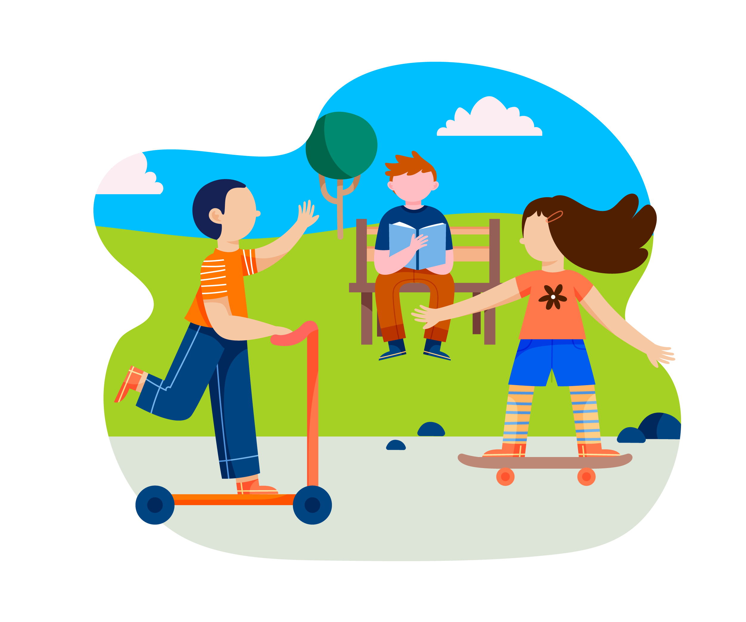 3 children enjoying themselves at a park, on the left a young kid on the scooter saying hi to a another person sitting on the park bench reading. A young girl on a skateboard whizzes by on the left. 